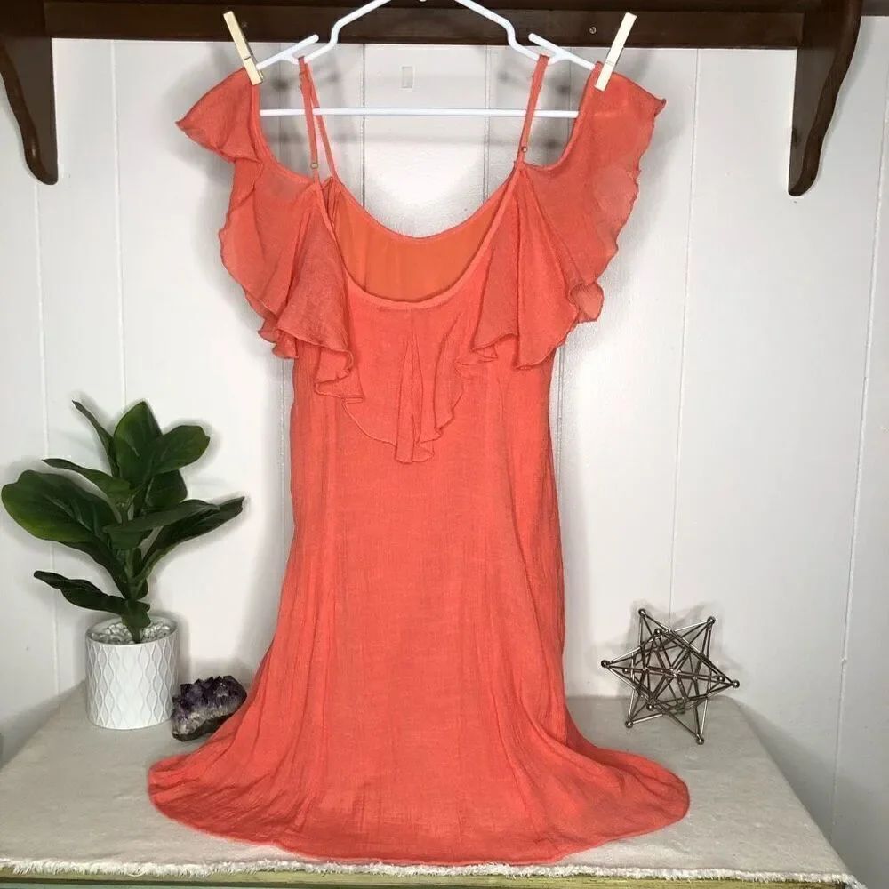 Unbranded Womens Off Shoulder Cap Ruffle Sleeves Slip Dress Orange Size Medium